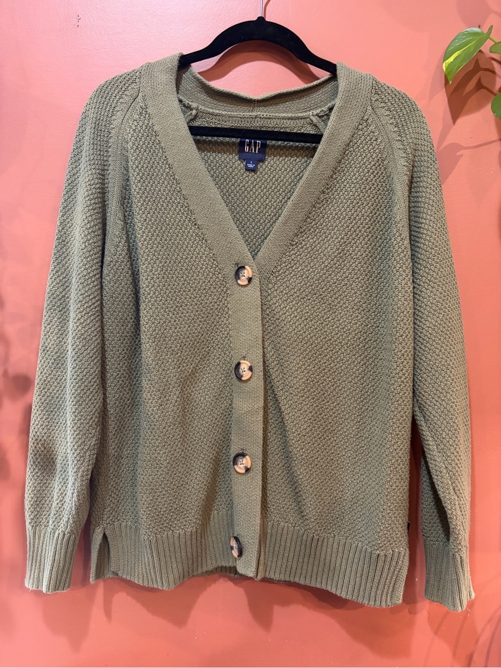GAP Olive Green Textured Cotton Knit Button-Front Sweater Cardigan